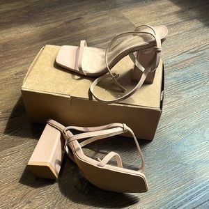 London Rebel block heel sandals in beige patent